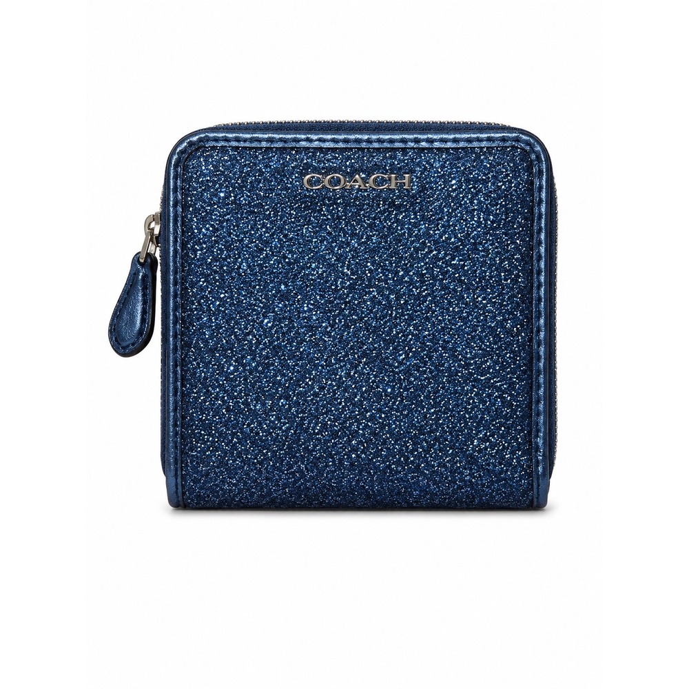 Coach Small Zip Around Wallet Metallic Blue Glitter Multi Card ID Window